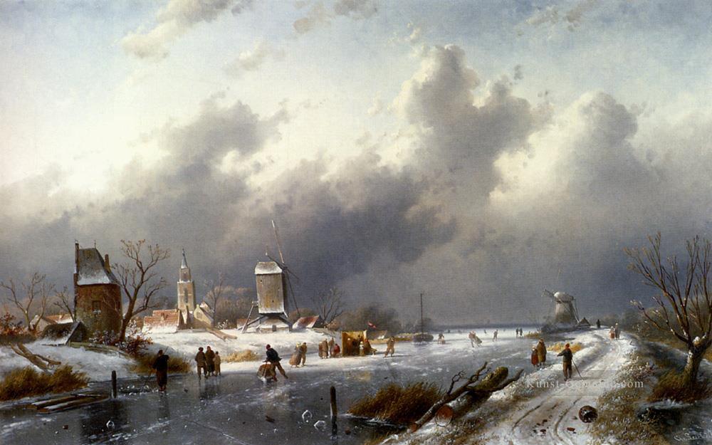 Ein Gefrorene Winter Landschaft mit Schlittschuhläufern Landschaft Charles Leickert Bach Ölgemälde